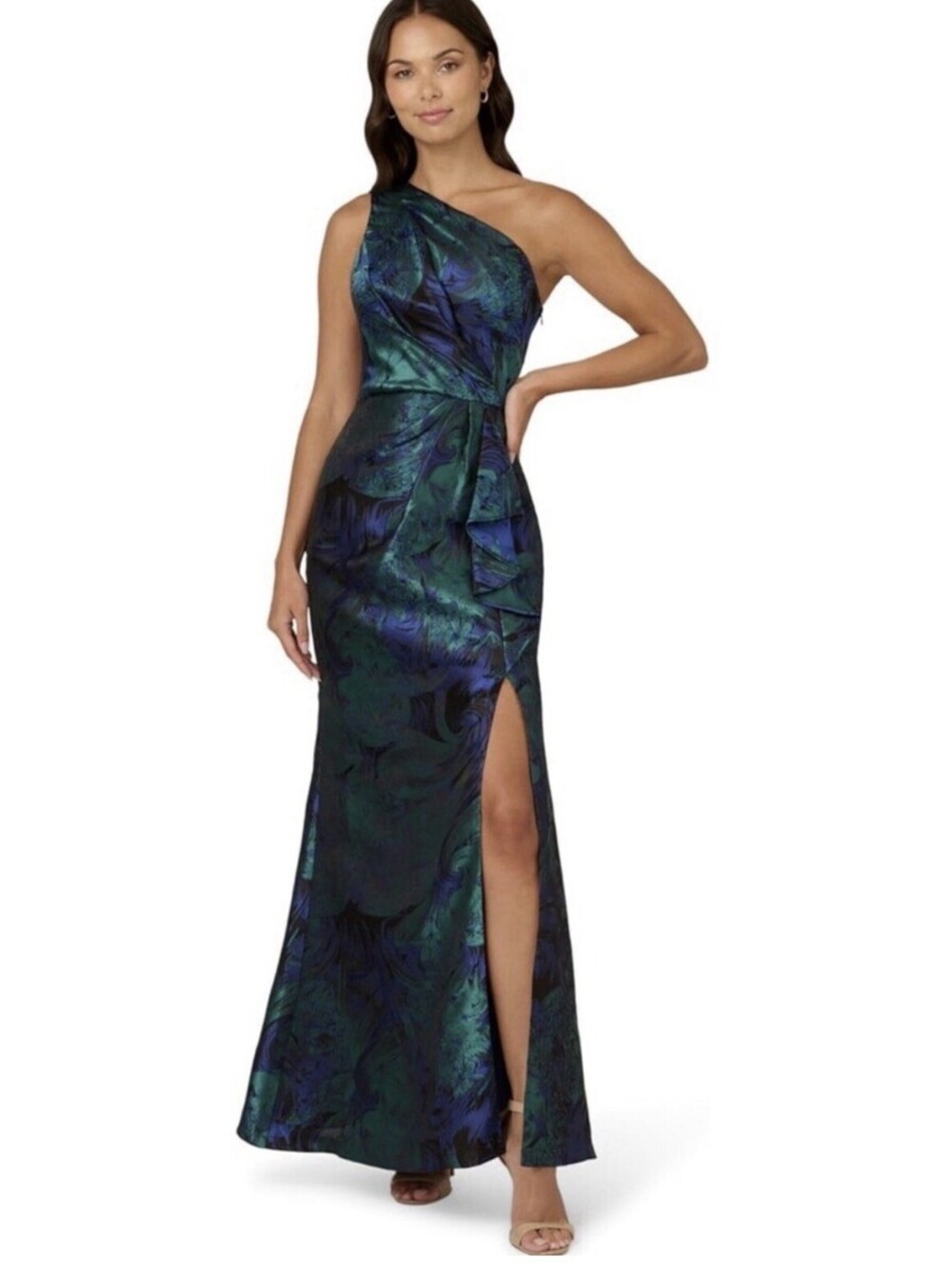 Adrianna Papell One Shoulder Mermaid Gown Jacquard Size 2 Cobalt/Teal NWT $249